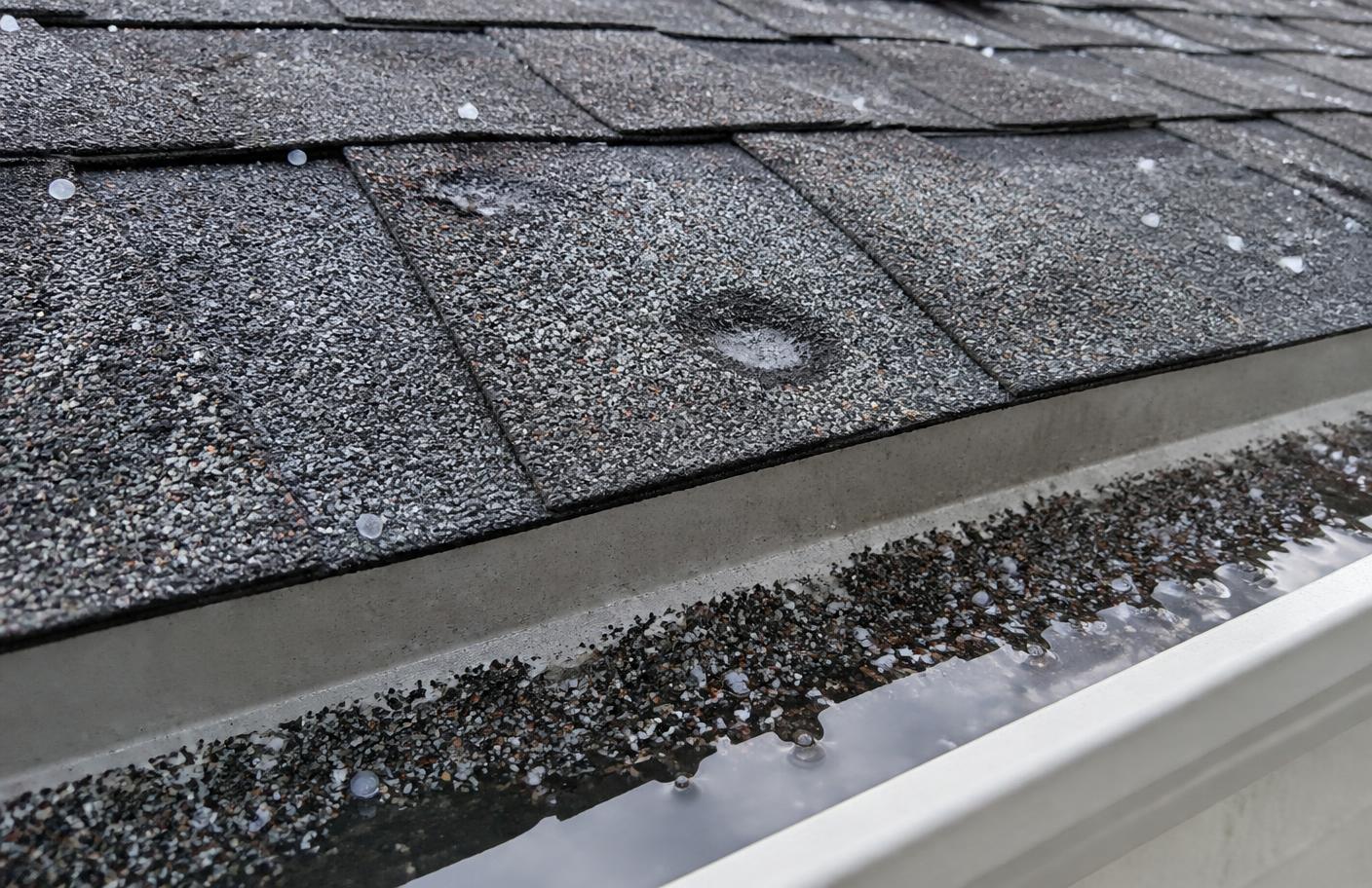 Close-up of an asphalt shingle roof after a Midwest hailstorm showing impact bruises, lost granules and hailstones resting near the gutter