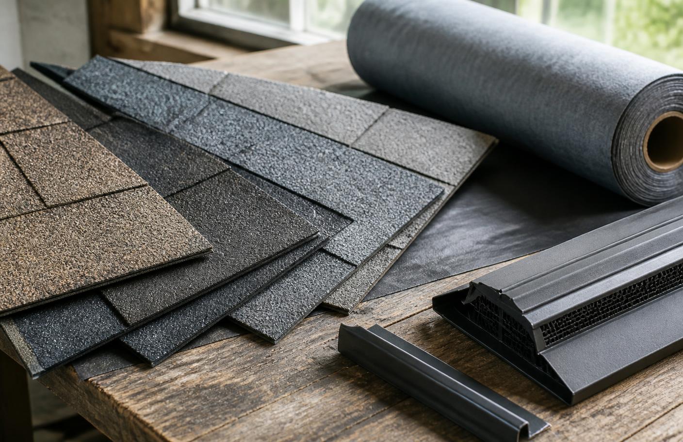 Architectural asphalt shingle samples in several colors laid out on a workbench beside underlayment, drip edge, and a ridge vent sample