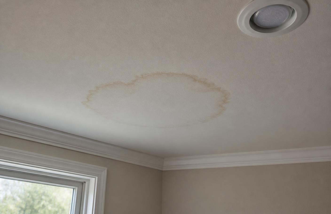 Brown water stain ring on a white interior ceiling near a recessed light inside a suburban home